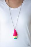 Paparazzi Triple The Tassel - Multi - Pink, Yellow and Blue Thread - Fringe Tassel Necklace and matching Earrings