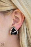 Paparazzi  Elegant Edge  Black Triangular Gem Silver-Black Clip On Earrings - The Jewelry Box Collection 