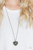 Paparazzi Casanova Charm - Brass - White Rhinestones - Heart Pendant - Necklace
