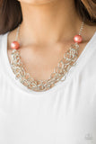 Paparazzi Daring Diva - Orange / Coral Pearl - Silver Necklace and matching Earrings