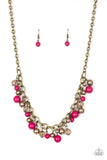 Paparazzi The GRIT Crowd - Pink - Pearly Brass Beads - Bold Brass Chain Necklace & Earrings