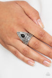 Paparazzi Tropical Escapade - Black Bead - Silver Triangular Frame - Dainty Band Ring