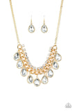 Paparazzi All Toget-HEIR Now - Gold - White Teardrop Rhinestones - Bold Chain Necklace and matching Earrings - The Jewelry Box Collection 
