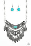 Paparazzi Island Queen - Blue - Turquoise Stone - Silver Hammer, Studded, Embossed Filigree Necklace and matching Earrings