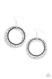 Paparazzi Cinematic Shimmer - Black Rhinestones - Silver Hoop Embossed Earrings
