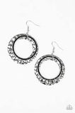 Paparazzi Cinematic Shimmer - Black Rhinestones - Silver Hoop Embossed Earrings
