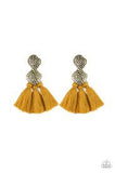 Paparazzi Tenacious Tassel - Yellow - Thread / Tassel / Fringe - Hammered Brass - Earrings - The Jewelry Box Collection 