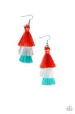 Paparazzi Hold On To Your Tassel! - Orange / Coral - White and Blue Thread, Tassel, Fringe Earrings - The Jewelry Box Collection 