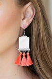 Paparazzi Tassel Retreat - orange Thread / Fringe - Rectangular Shell Like Acrylic - Earrings - The Jewelry Box Collection 