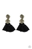 Paparazzi Tenacious Tassel - Black - Thread / Tassel / Fringe - Hammered Brass - Earrings - The Jewelry Box Collection 