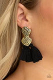 Paparazzi Tenacious Tassel - Black - Thread / Tassel / Fringe - Hammered Brass - Earrings - The Jewelry Box Collection 