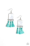Paparazzi Tassel Retreat - blue Thread / Fringe - Rectangular Shell Like Acrylic - Earrings - The Jewelry Box Collection 
