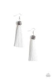 Paparazzi Make Room For Plume - White Thread / Tassel / Fringe - Hematite Rhinestones - Gunmetal Beads - Earrings - The Jewelry Box Collection 